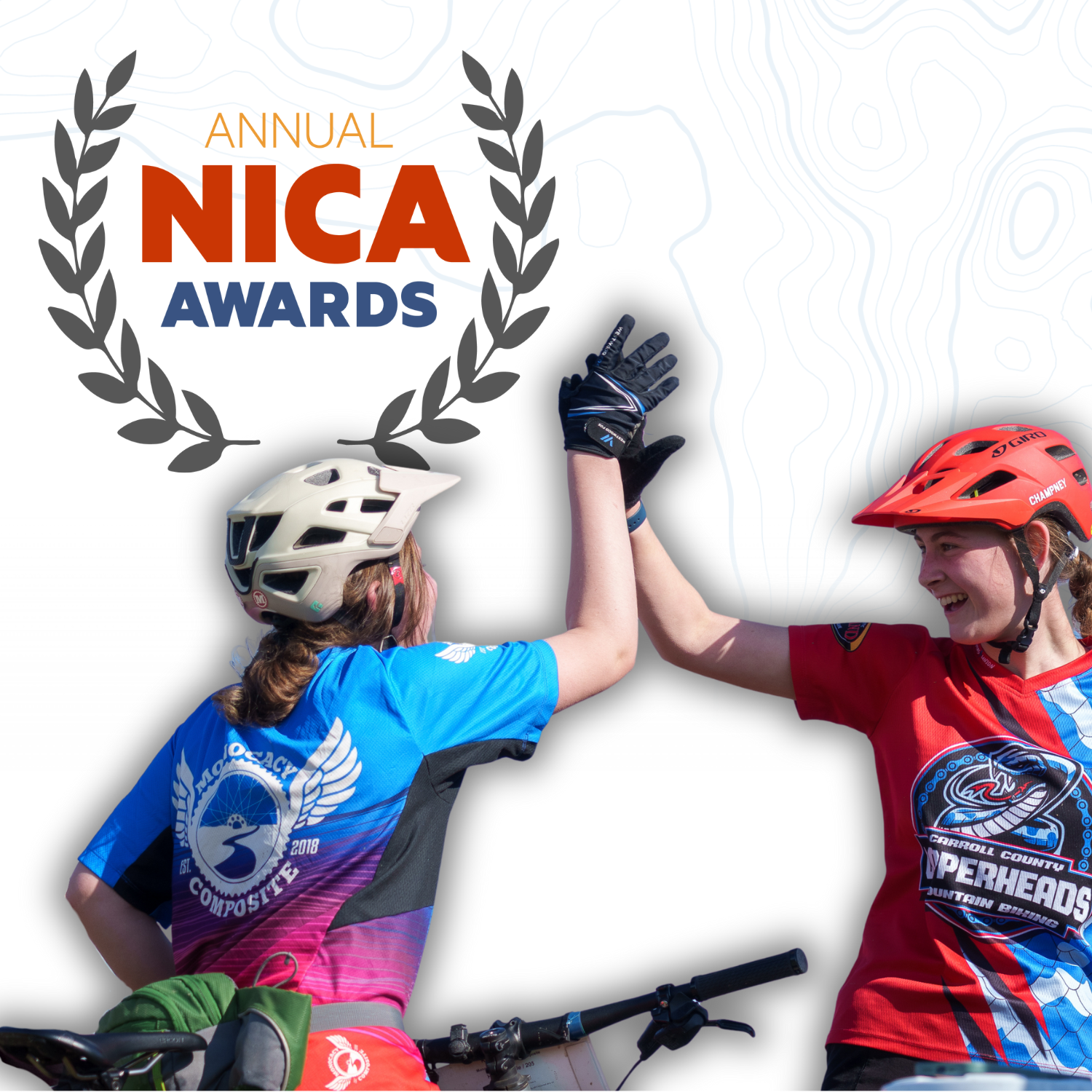NICA Awards campaign image with two riders high-fiving in front of the NICA Awards logo